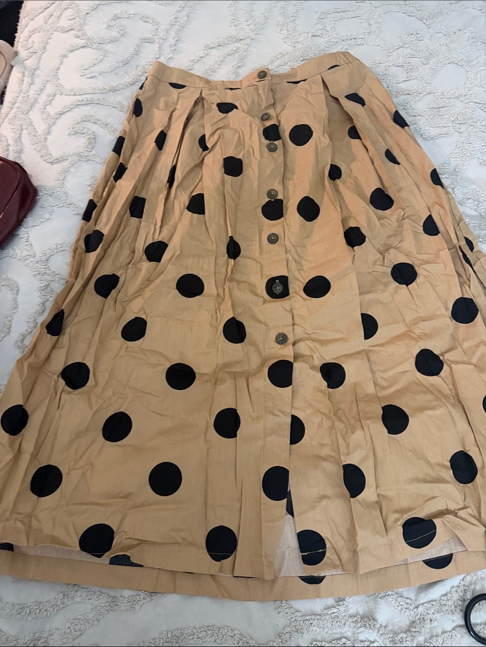 Womens Polka Dot Button-Front Midi Skirt - Black on Tan